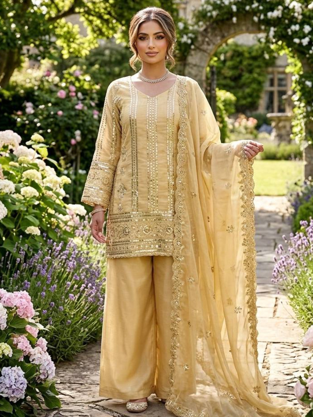 Women’s JMC Silk Thread & Sequence Embroidered Kurta Palazzo Set with Dupatta-RE