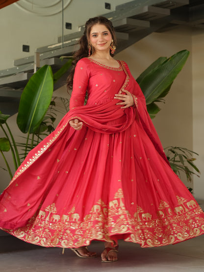 ES Designer Gown Chinnon Fabric With Embroidery, Zari & Sequin Work