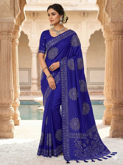YNF Ajrakh Print Soft Satin Crepe Silk Saree with Real Mirror Work