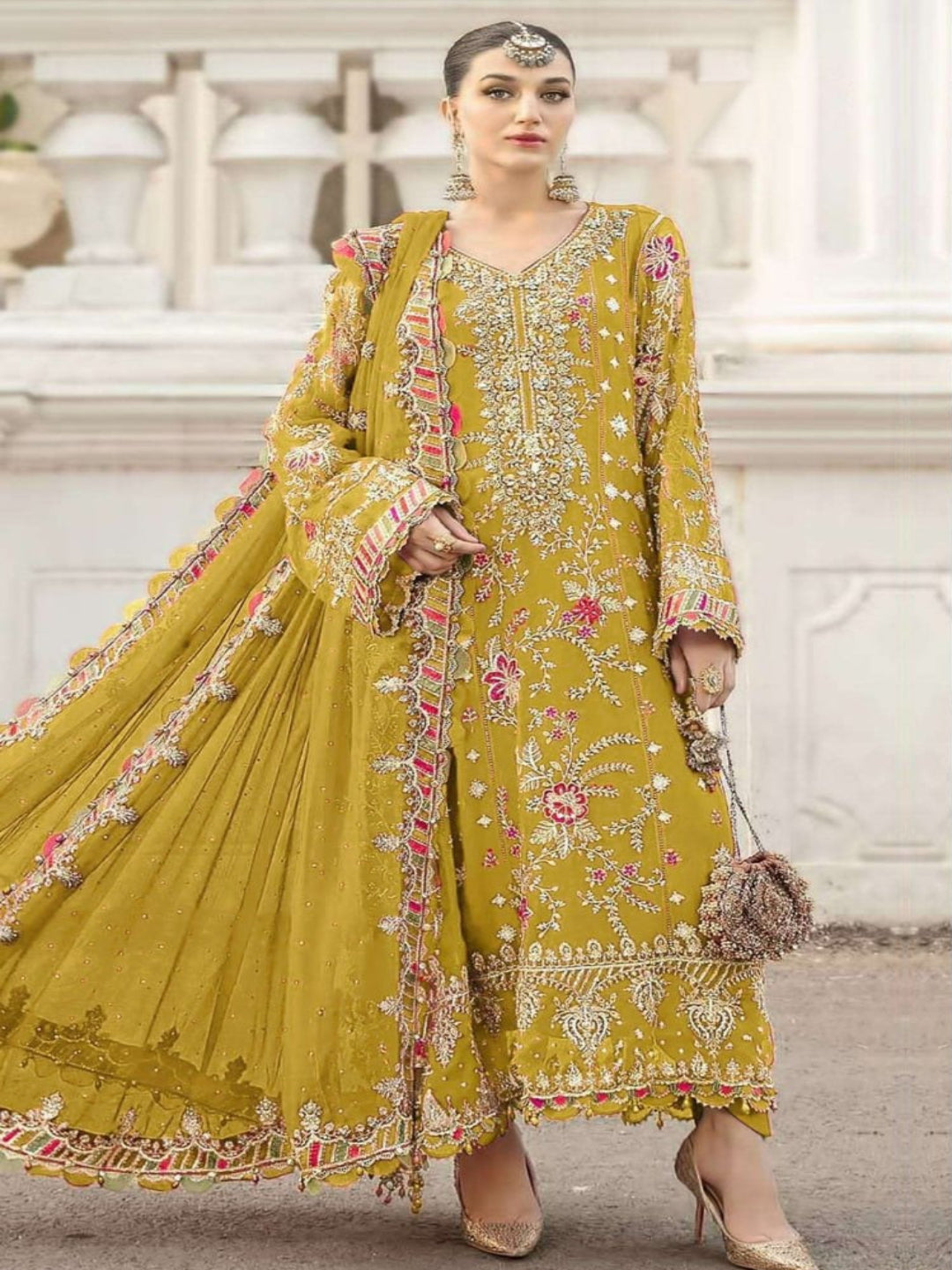 Women’s Chiffon Sequence Work Suit (XS to 5XL) with Khatli Neck Embroidery - RE