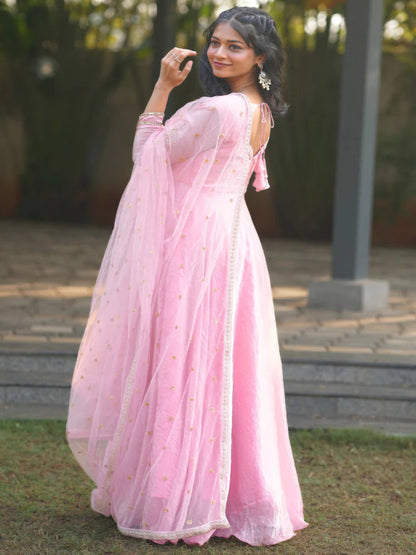 RE Designer Pink Chinnon Silk Anarkali with Complete Lining and Matching Dupatta