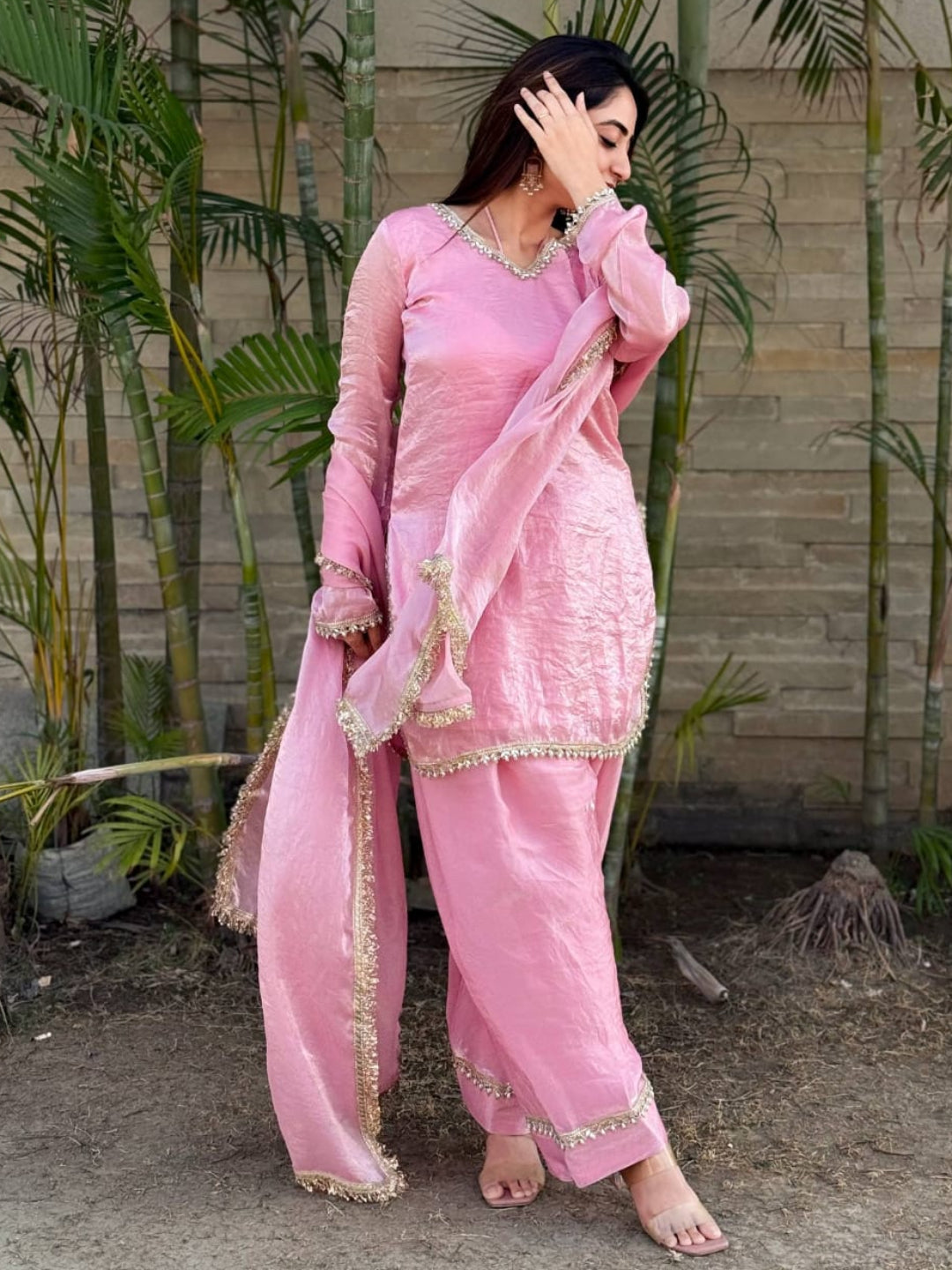 RE Premium Fendi Satin Designer Farsi Salwar Set with Real Mirror & Pearl Work