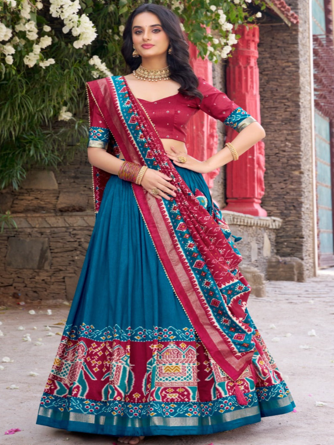 ES Tussar Silk (Stitched) Lehenga, Blouse & Dupatta
