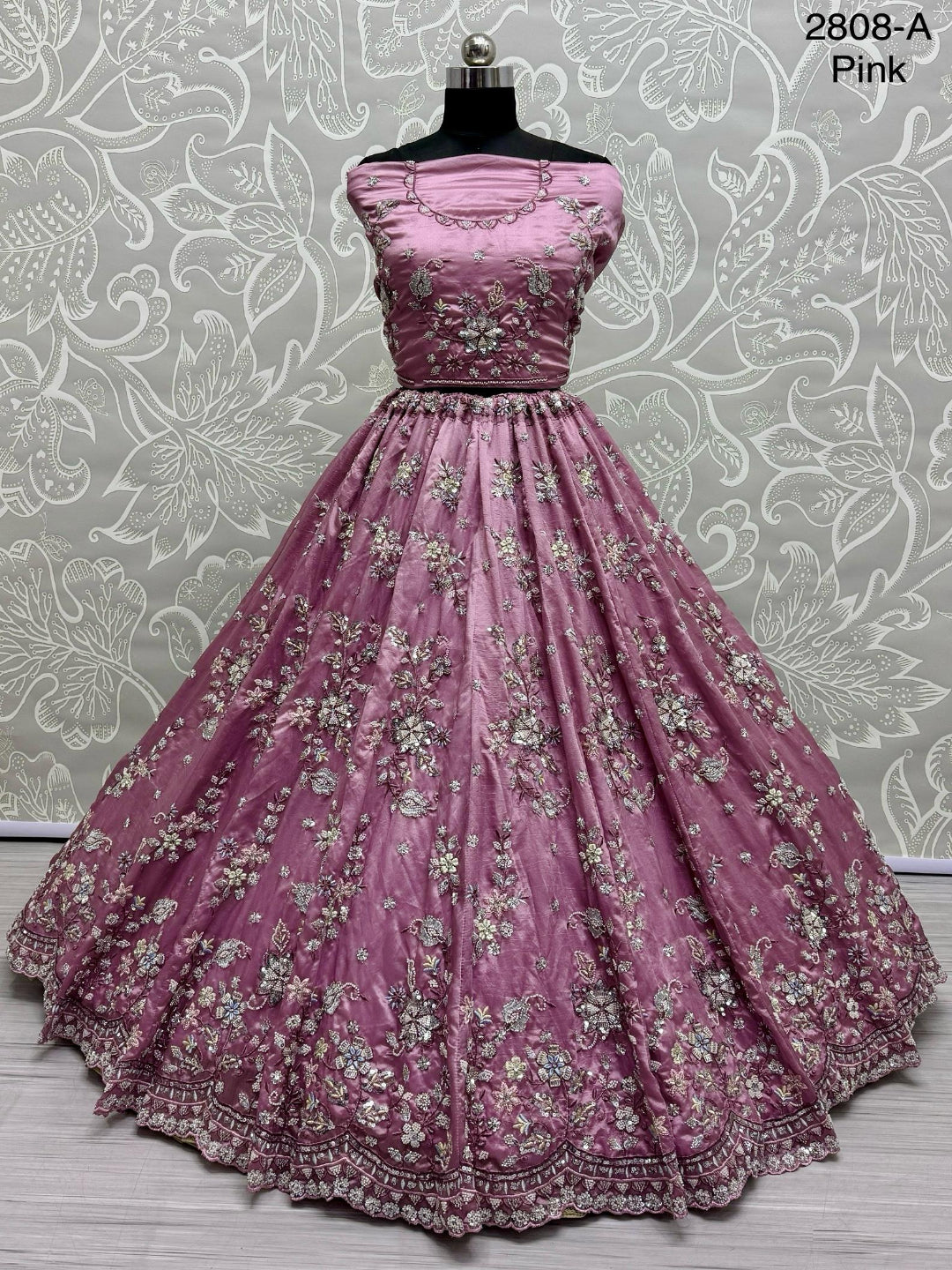ES Gold Crush Pure Fabric Lehenga with Motif & Crystal Pipe Handwork