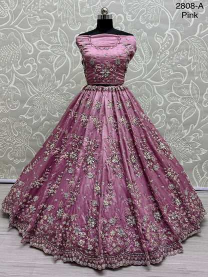 ES Gold Crush Pure Fabric Lehenga with Motif & Crystal Pipe Handwork