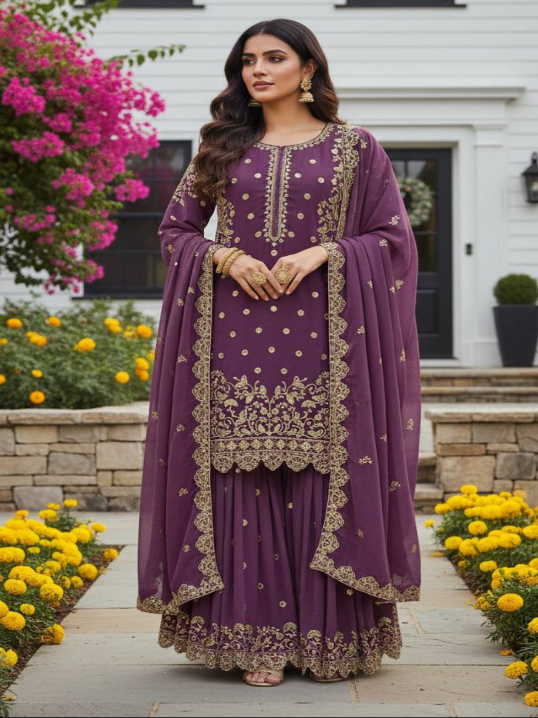 RE Designer Faux Georgette Plazzo Set – Exquisite Cut Work & Sequence Embroidery