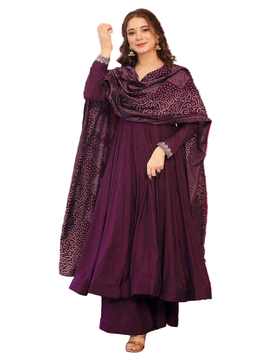 YNF Vichitra Silk Purple Anarkali with Plazzo & Chanderi Dupatta