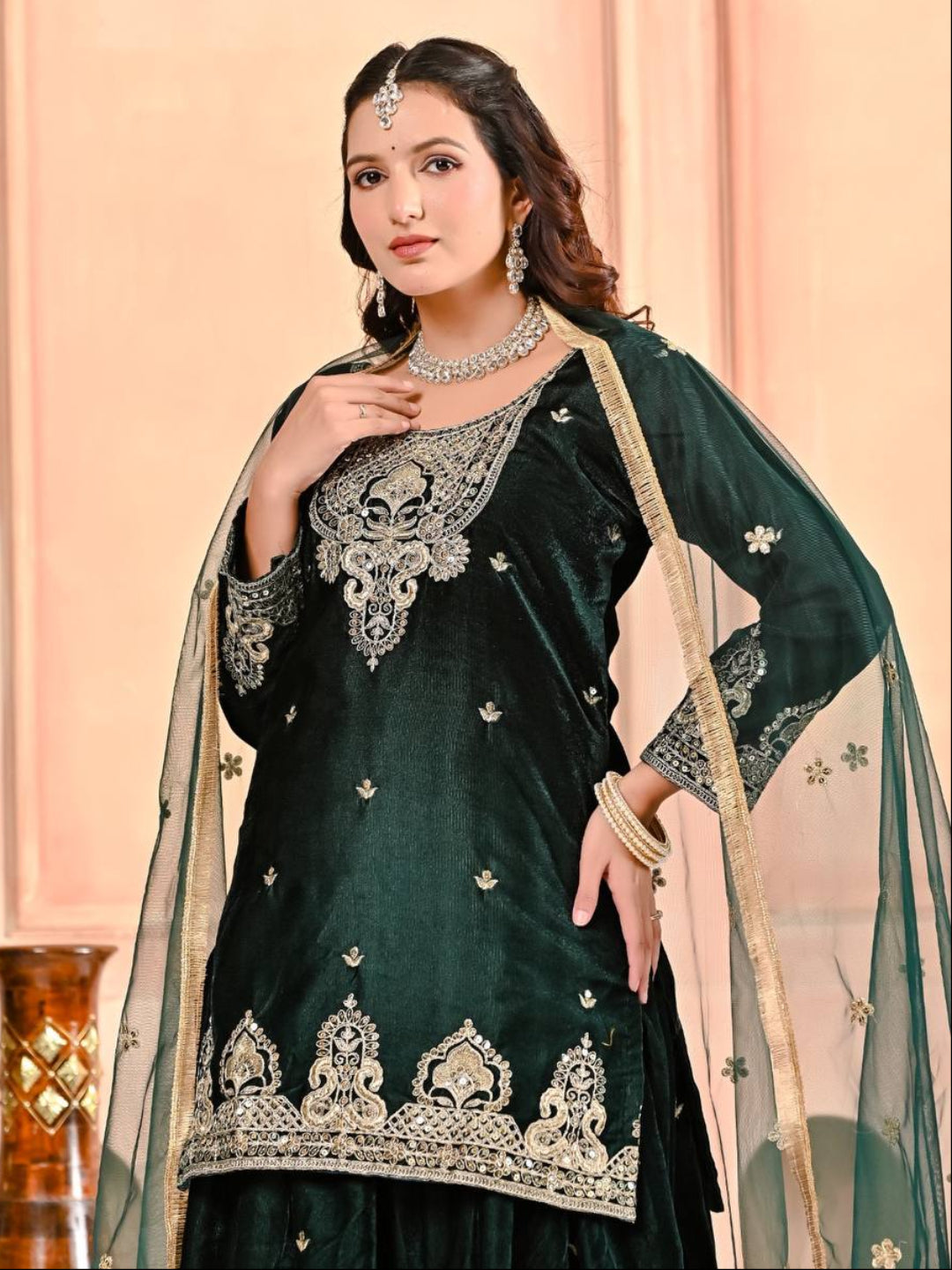 RE Pure Heavy Viscous Velvet Embroidered Sharara Palazzo Suit Set with Butterfly Net Dupatta (Sizes M-XXL)
