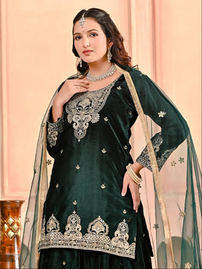 RE Pure Heavy Viscous Velvet Embroidered Sharara Palazzo Suit Set with Butterfly Net Dupatta (Sizes M-XXL)