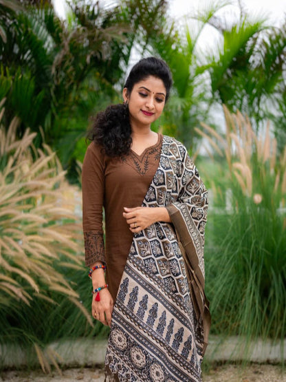 ICF Women Brown Khadi Cotton Suit Set with Embroidery & Digital Print Dupatta