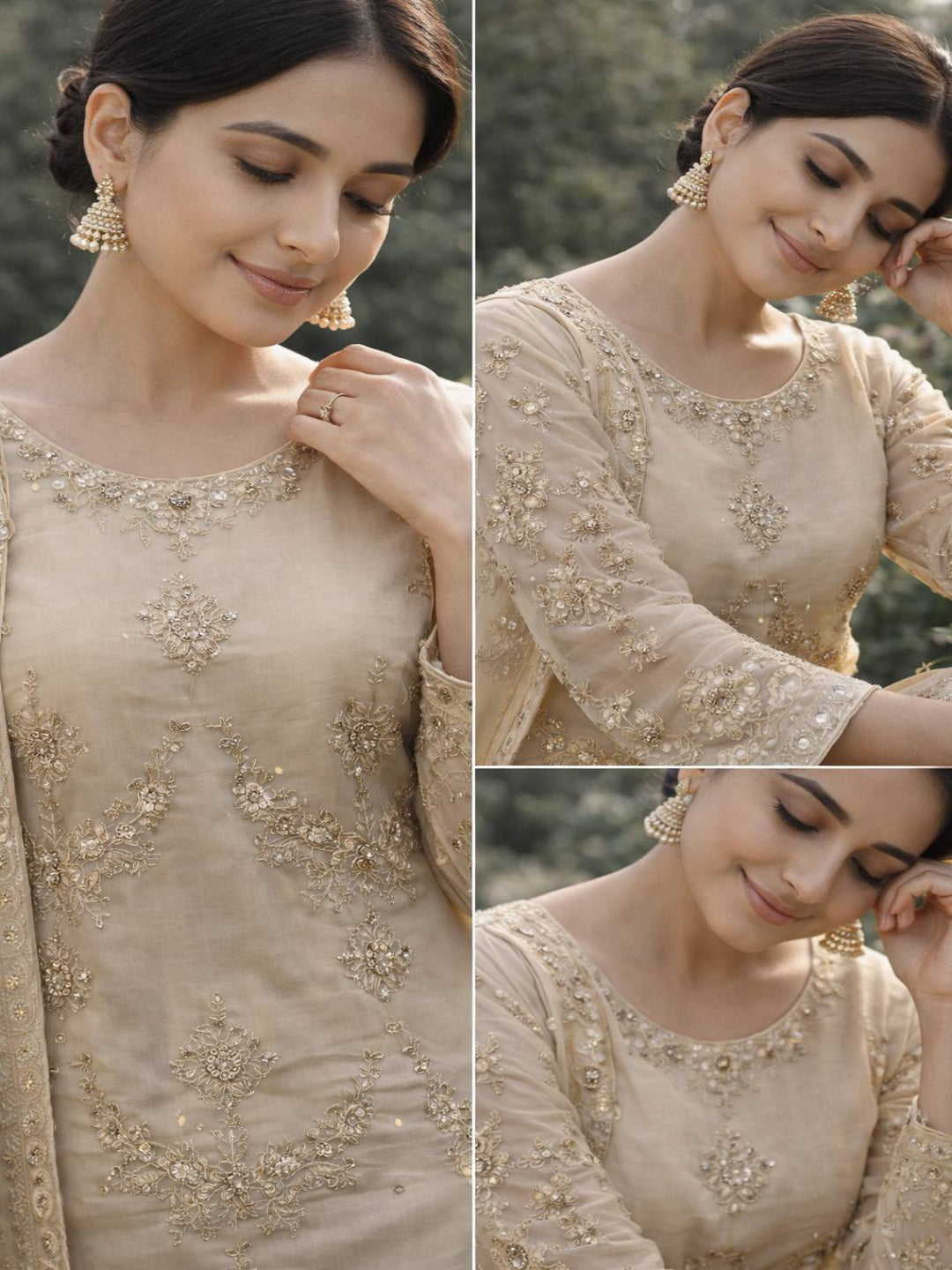 RE Designer Kundan Organza 3-Piece Kurti Set with Embroidery & Sequins