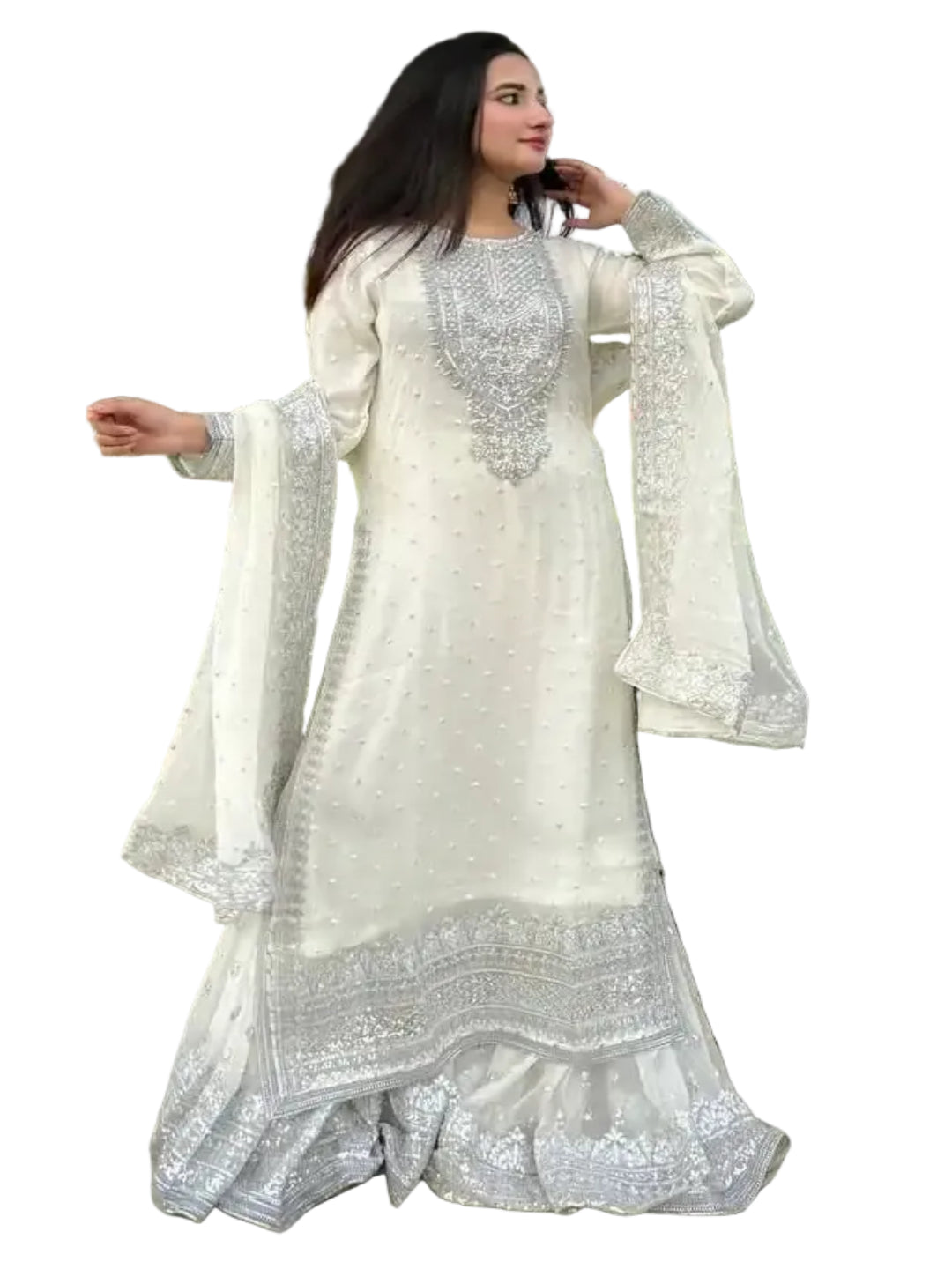 WT Women's Fully Stitched Fox Georgette Sharara Set with Sequence Embroidery