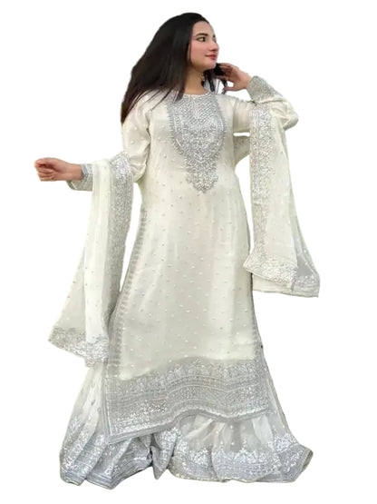 WT Women's Fully Stitched Fox Georgette Sharara Set with Sequence Embroidery