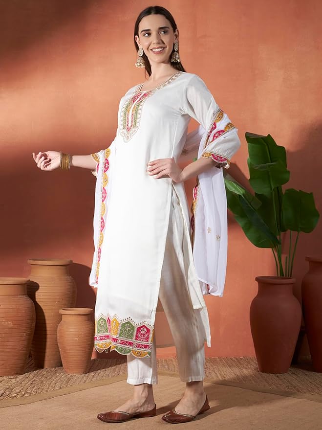 ICF Women’s White Vertigan Embroidered Kurta Set with Georgette Dupatta