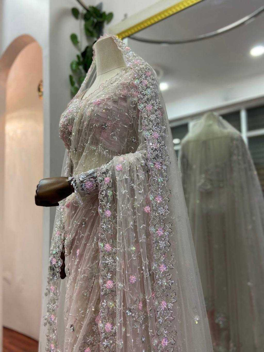 YNF Soft Net Saree, Blouse, & Dupatta Set | Thread & Sequin Work