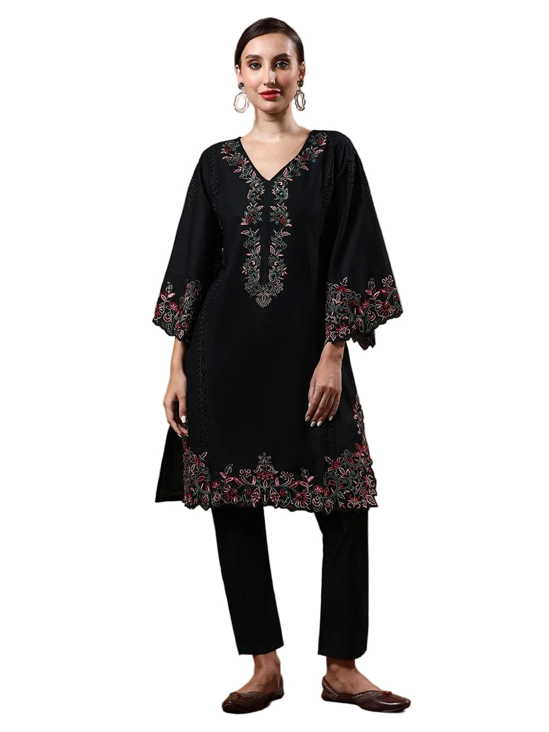 Varanga Women's Black Pure Cotton Embroidered Straight Kurta with Trousers