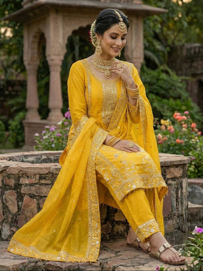 RE Pure GMY Silk Embroidered Suit Set with Sequence Work Palazzo and Dupatta (Sizes M-XXL)