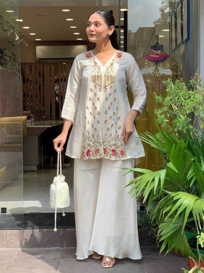 Women's Chanderi Silk Floral Gota Patti Embroidered Kurta Palazzo Set - KE