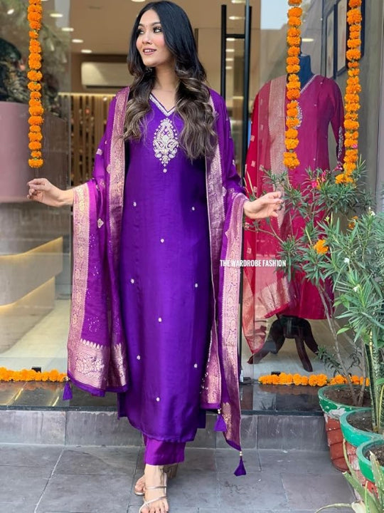 ICF Women's Viscose (Rayon) Straight Embroidered Kurta with Pant & Dupatta