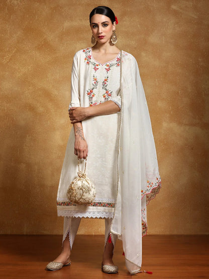 KF Floral Motif Thread Embroidered Yoke Kurta with Trouser & Dupatta
