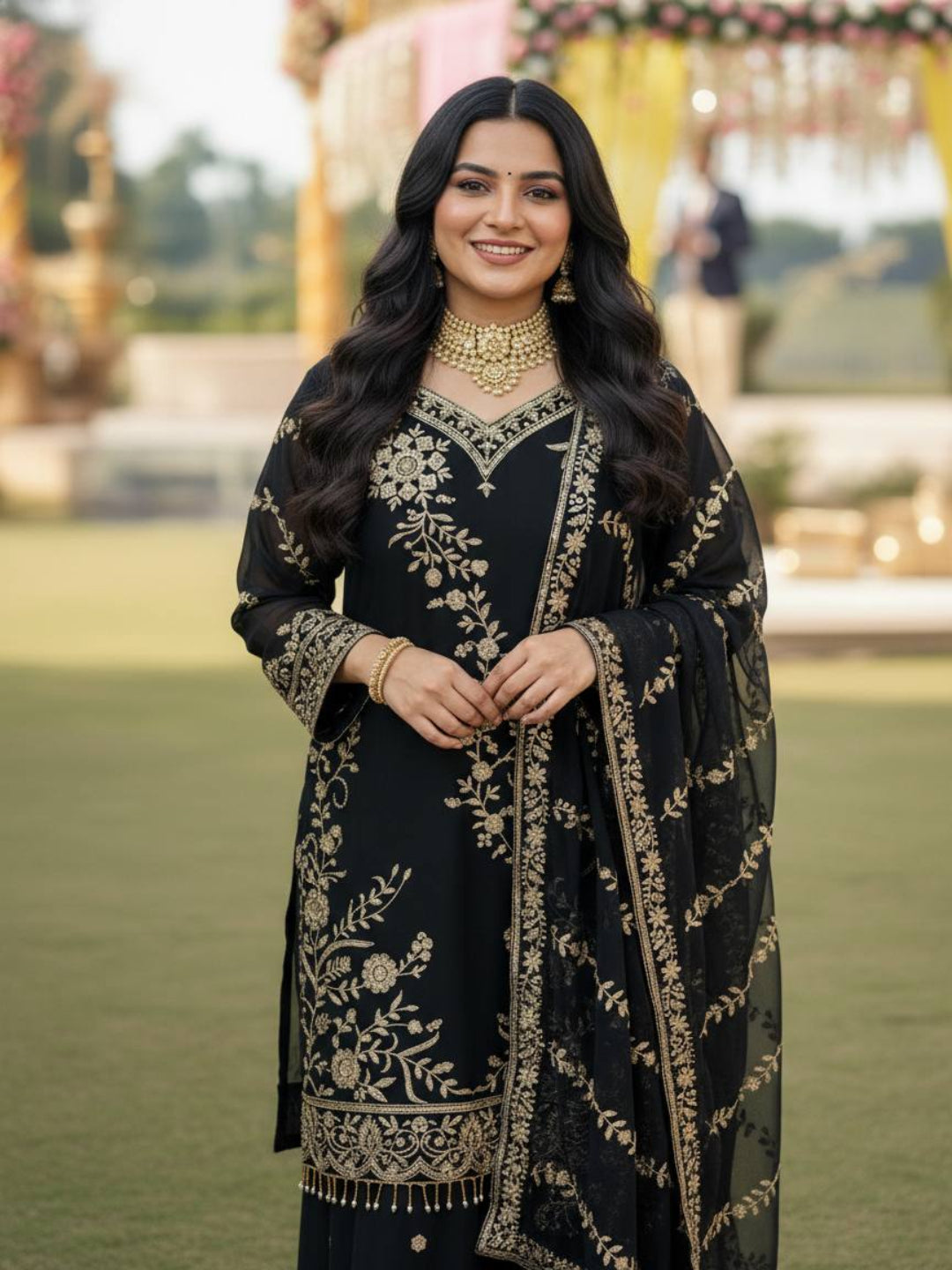 RE Semi Faux Georgette 3-Piece Kurti Plazzo Set with Sequence & Zari Work