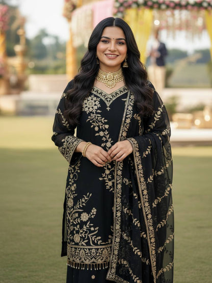 RE Semi Faux Georgette 3-Piece Kurti Plazzo Set with Sequence & Zari Work