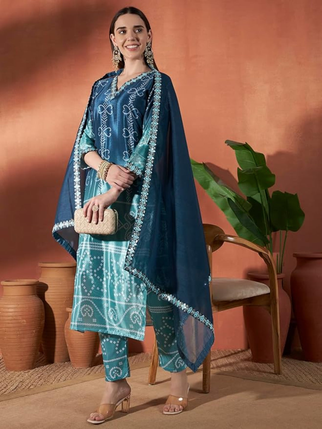 ICF Luxury Chinon Digital Print Suit Set with Embroidery & Mirror Work