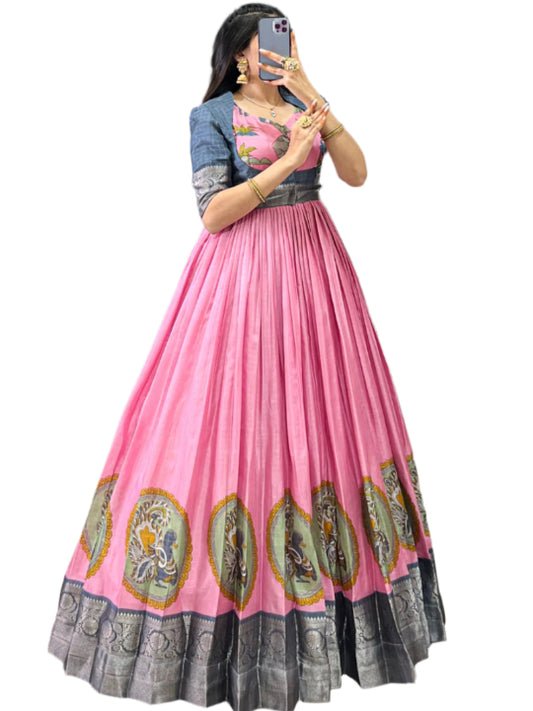 ES Women Dola Silk gowns Kalamkari Print With Zari Weaving Broder