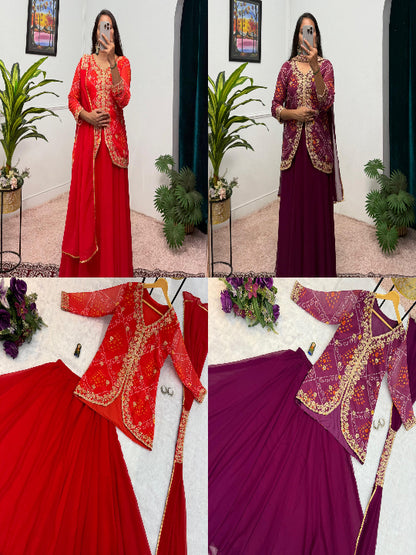 ES Women Faux Georgette Bandhani Koti-Lehenga 3 piece suit set