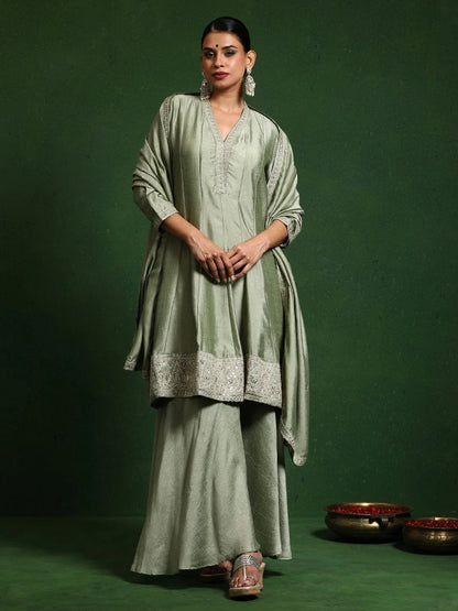 KF Women Zari & Sequin Embroidery Neck Flared Anarkali With Sharara And Dupatta