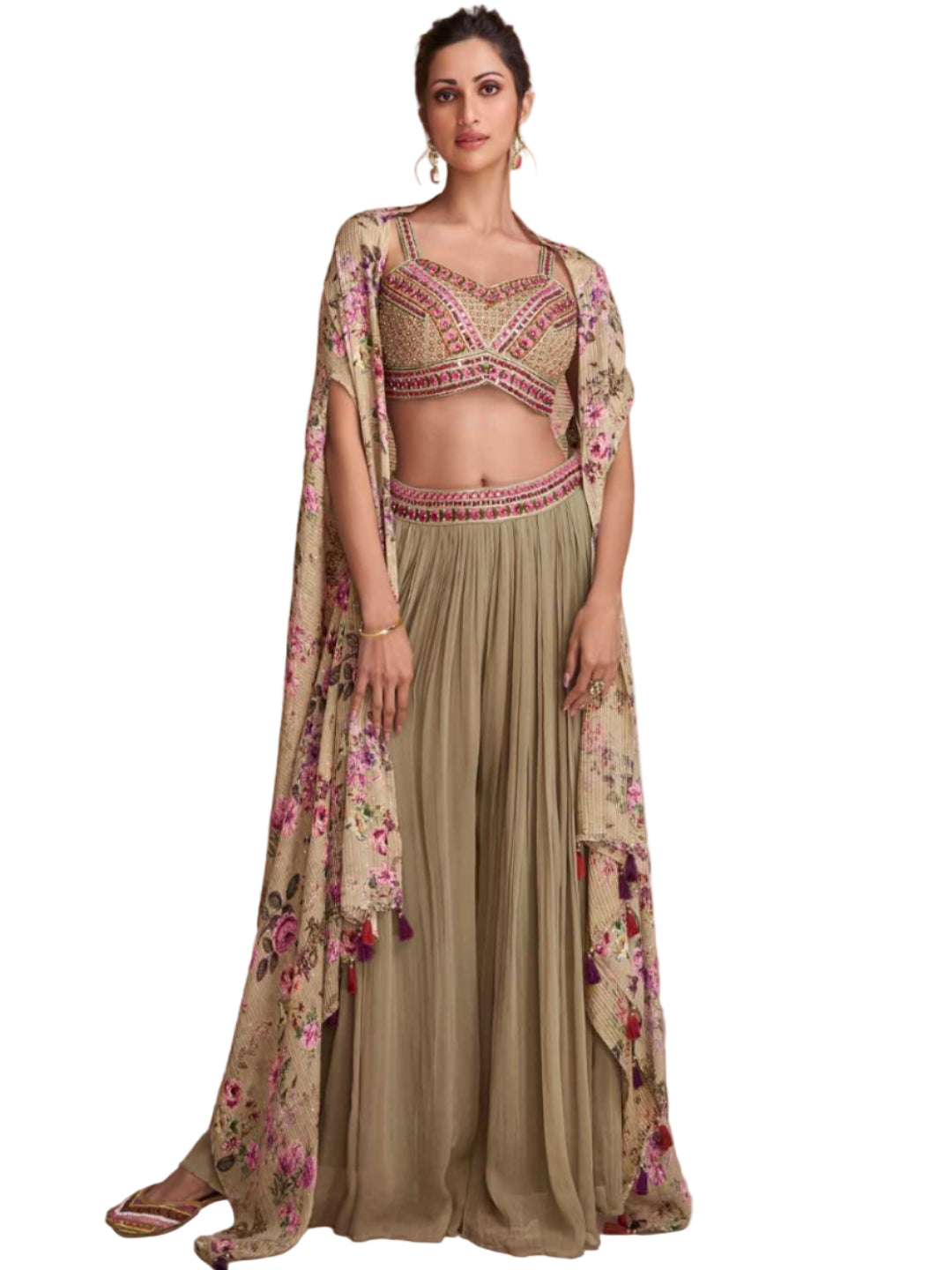 YNF Designer Resham & Zari Embroidered Georgette Indo-Western Palazzo Suit