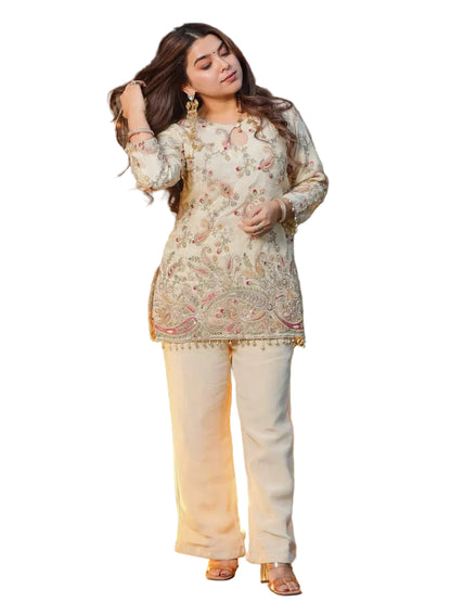 RE Women's French Crepe Co-Ord Set | Embroidered Tunic Top & Straight Pant Suit | Formal & Casual 2-Piece Ethnic Set
