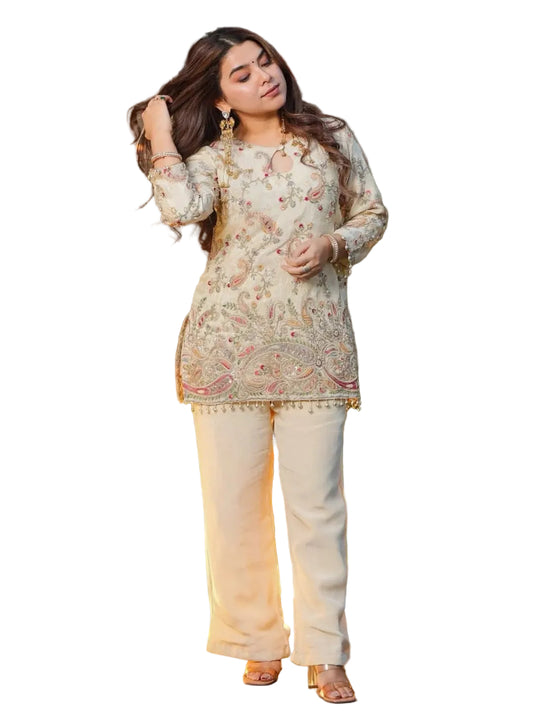 RE Women's French Crepe Co-Ord Set | Embroidered Tunic Top & Straight Pant Suit | Formal & Casual 2-Piece Ethnic Set