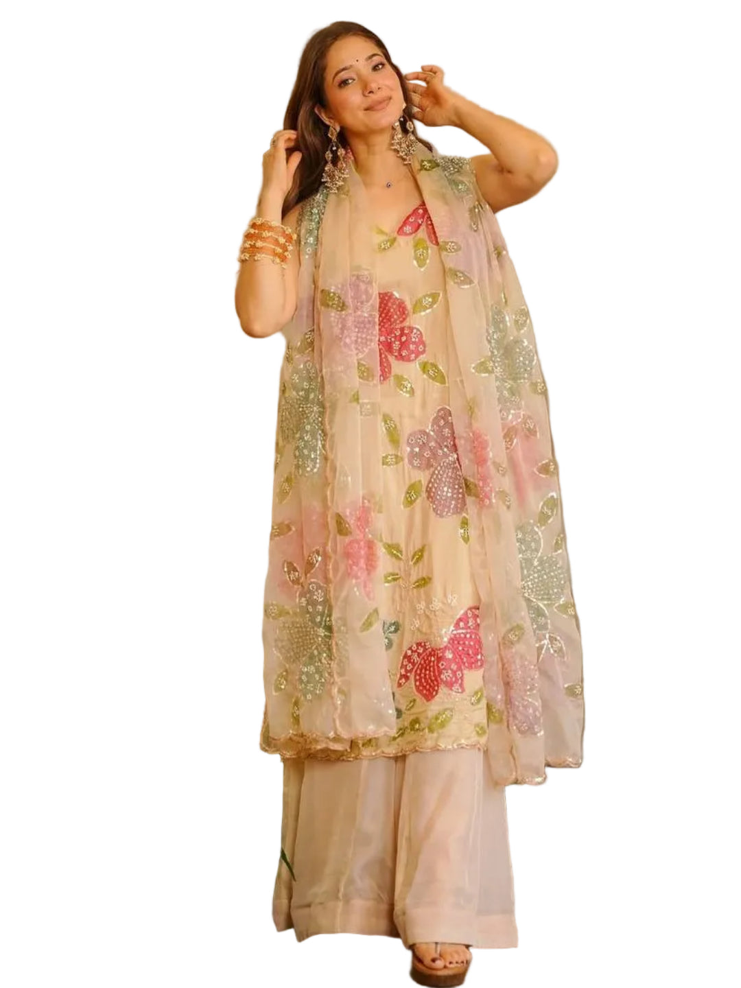 Premium Tibby Organza Silk Brush Print 3-Piece Suit Set with Sequence Work - RE