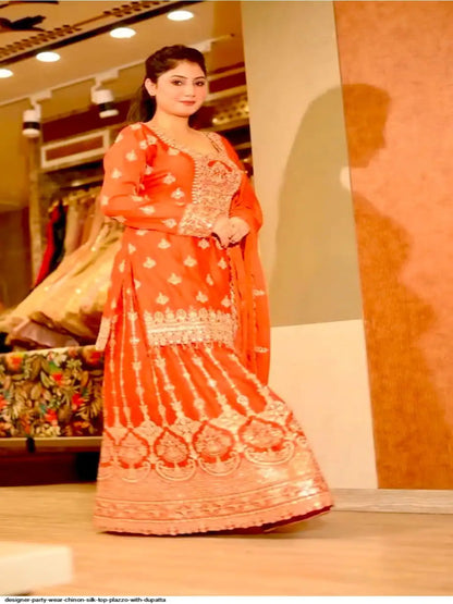 WT Women's Fully Stitched Heavy Chinon Silk Top & Plazzo Set with Embroidered Dupatta