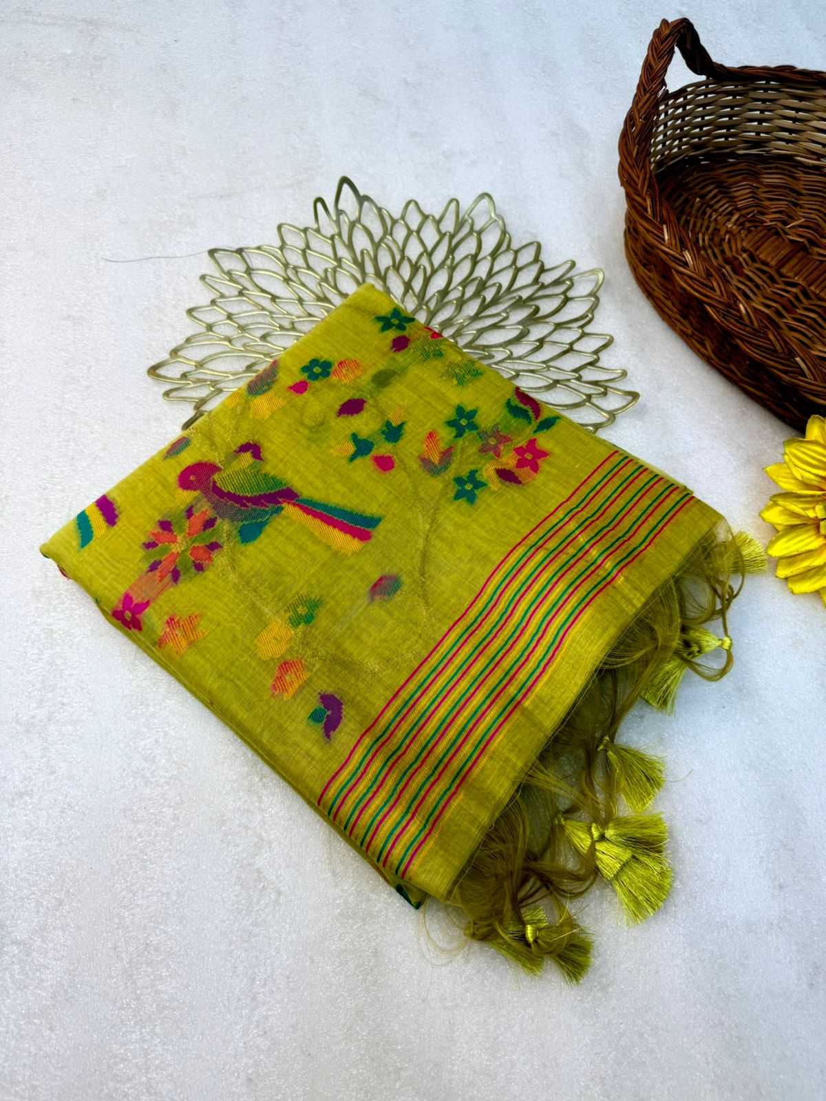 YNF Pure Muga Cotton Meenakari Weaving Saree with Floral Pallu and Contrast Blouse