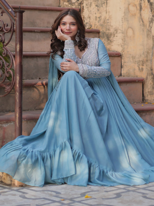 ES Star Georgette Gown with Embroidery Beads Sequins-work