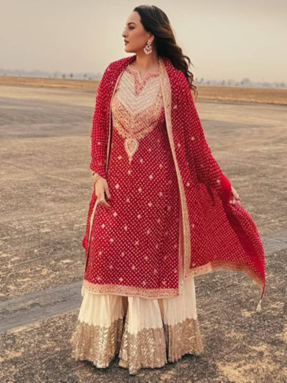 ES Designer Embroidery Sequins, and Print work on Faux Georgette Kurta with Plazo & Dupatta