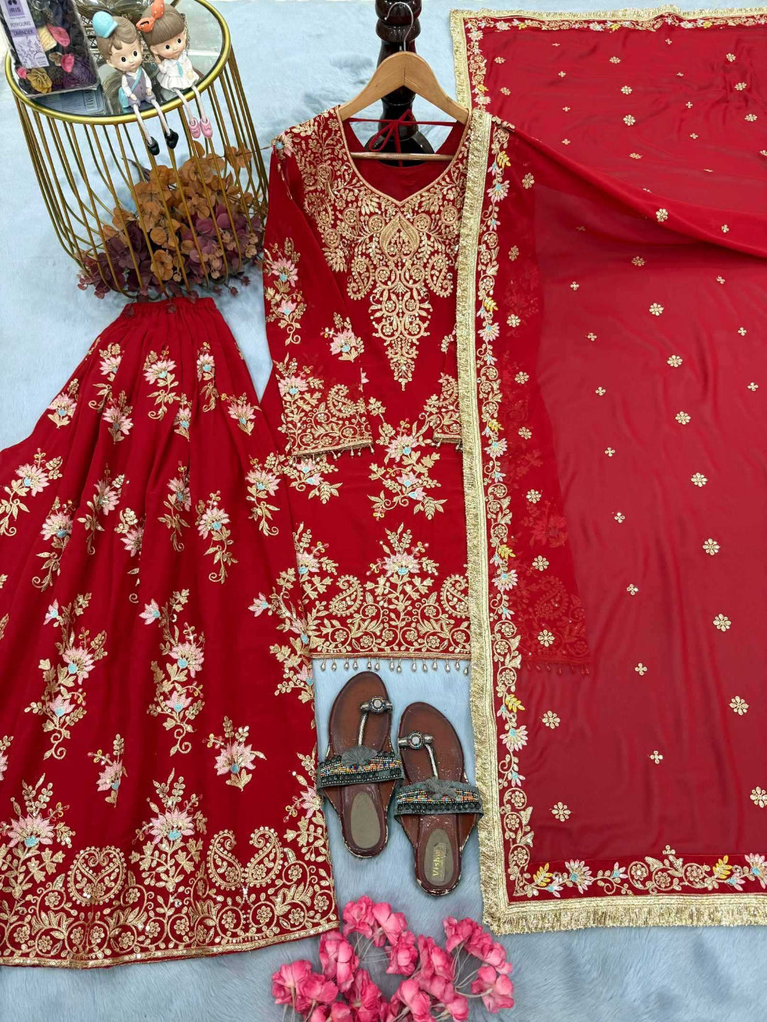 YNF Designer Embroidered Faux Georgette Palazzo Suit Set with Heavy Sequence Work & Fancy Latkan Border