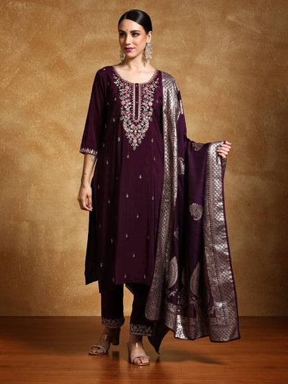 KF Zari Embroidered Yoke with All Over Floral Motif Buta Kurta with Trouser & Dupatta