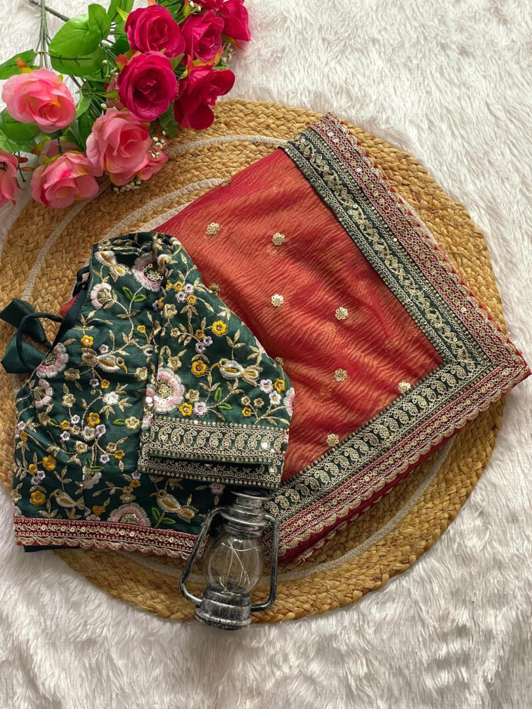 ES Women’s Soft Crush Saree with Golden Jari Butta and Fully Stitched Sequence Blouse