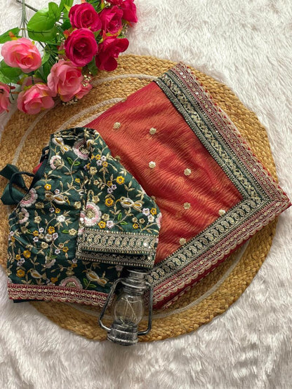 ES Women’s Soft Crush Saree with Golden Jari Butta and Fully Stitched Sequence Blouse