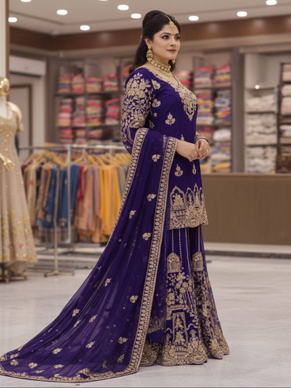 RE Zari & Sequin Work Georgette Kurti Set with 2.5m Flare Palazzo (M-3XL)