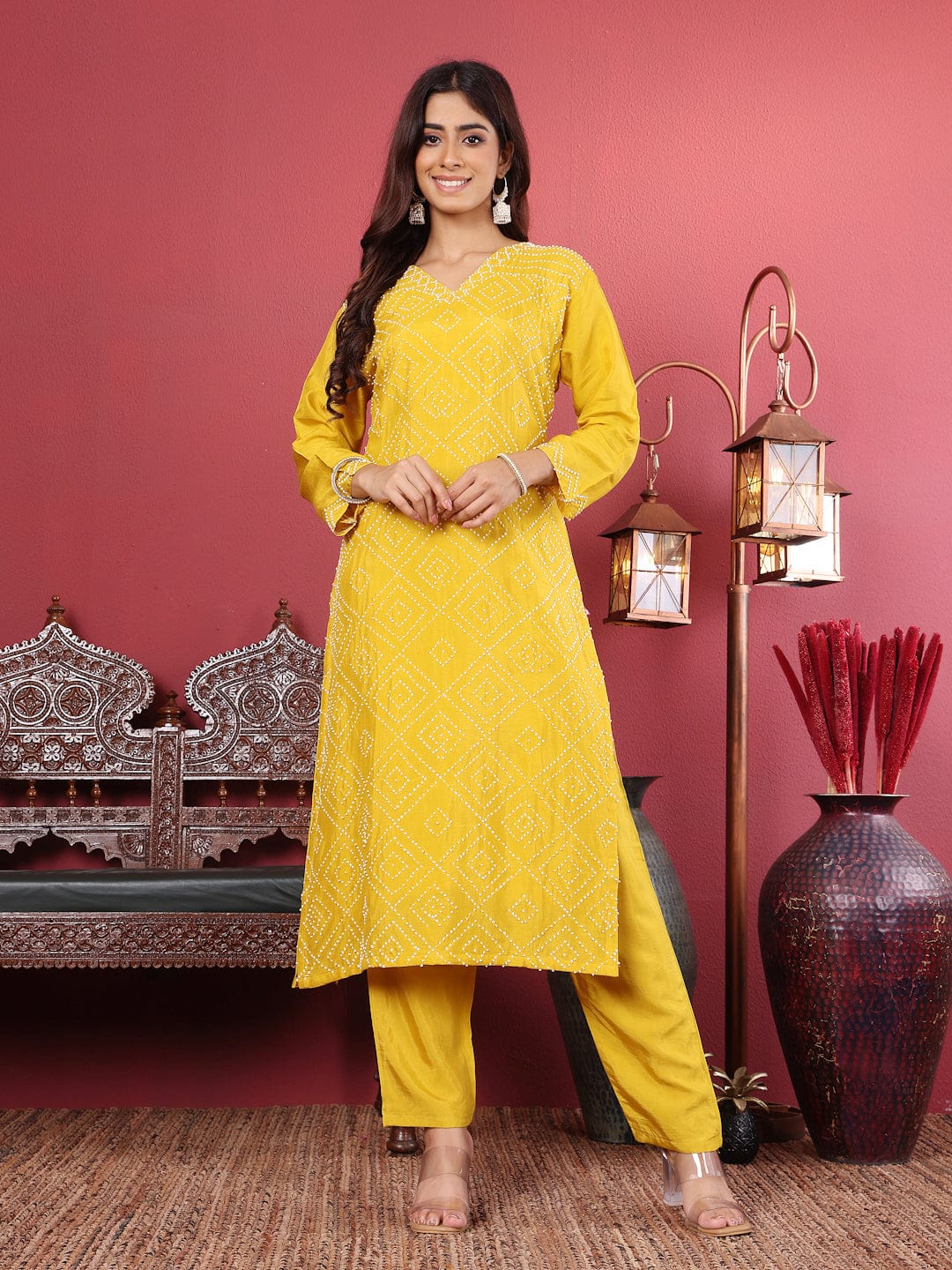 KF Hand Embroidered French Knot Kurta with Tonal Bottom and Embroidered Dupatta