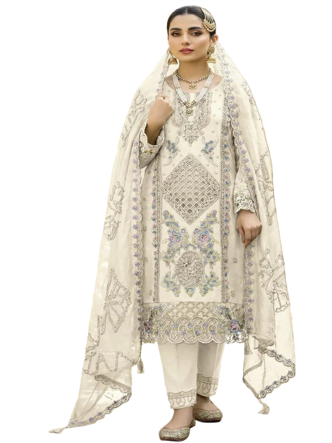 Women’s Heavy Chiffon Embroidered Suit with Hand Khatli Work and French Silk Bottom (XS-5XL)-RE