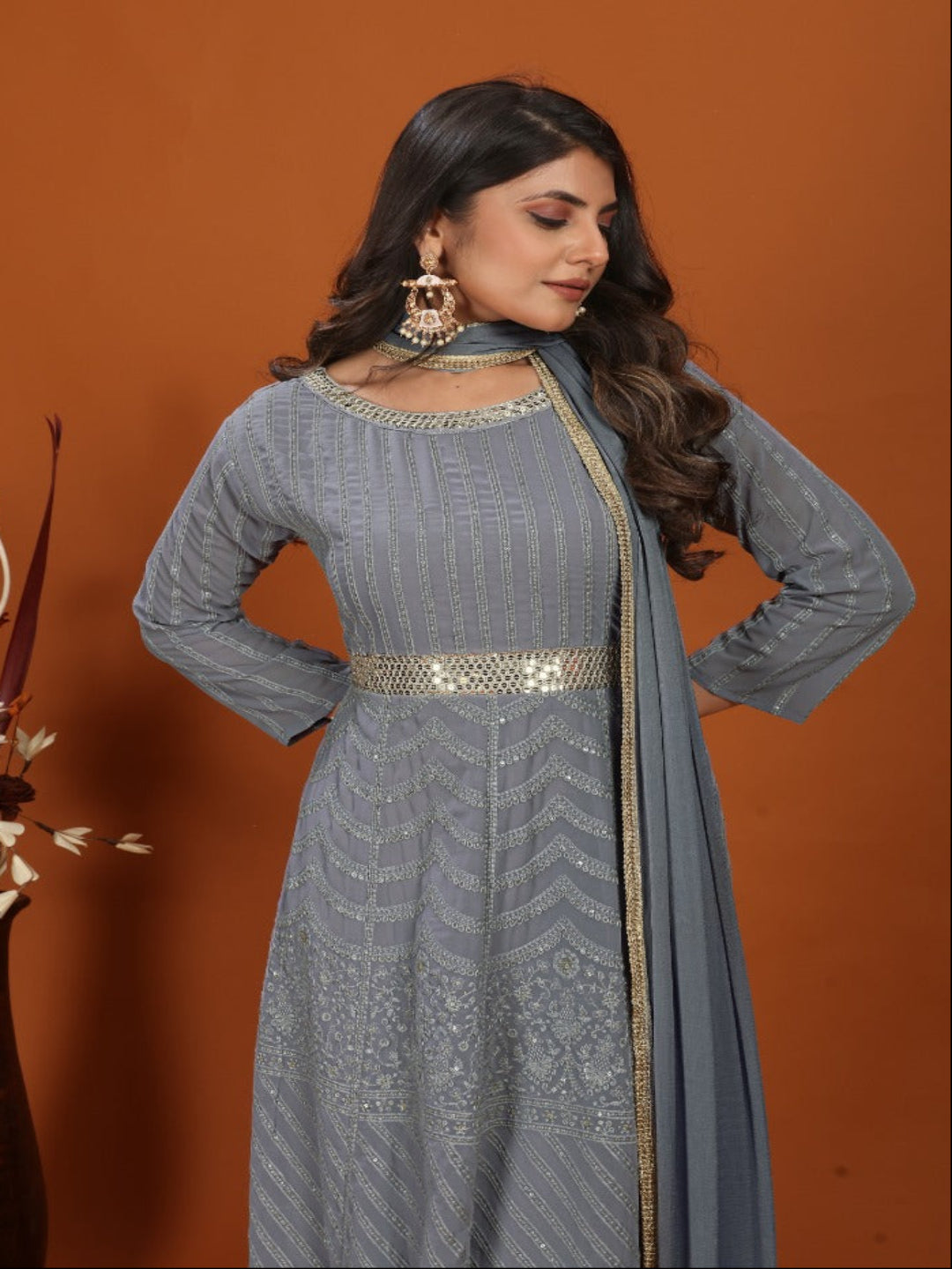 MV Premium Fox Georgette With Heavy Embroidery Work Gown & Dupatta