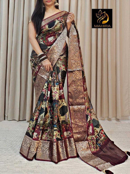 YNF Designer Lightweight Pure Dola Silk Saree with All-Over Pichwai Kalamkari & Luxurious Bandhani Pallu