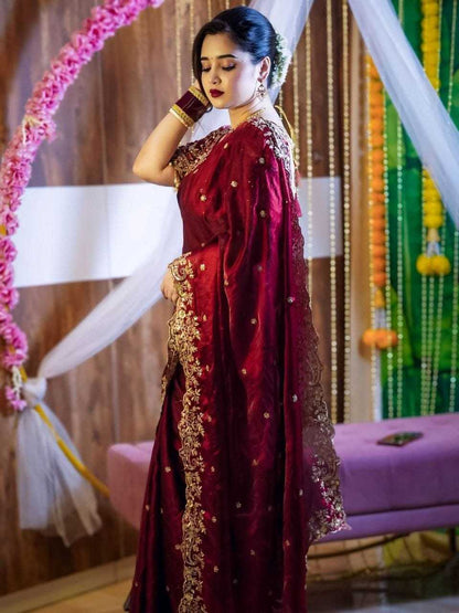 YNF Space Silk Embroidery Work Saree (5.5m) with Fully Stitched Maroon Blouse