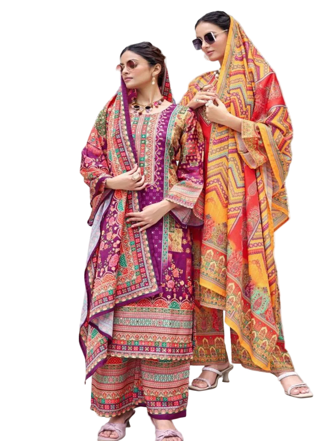 RE Pakistani Digital Print Pure Crape Silk Kurta Set with Original Mirror Work & Palazzo