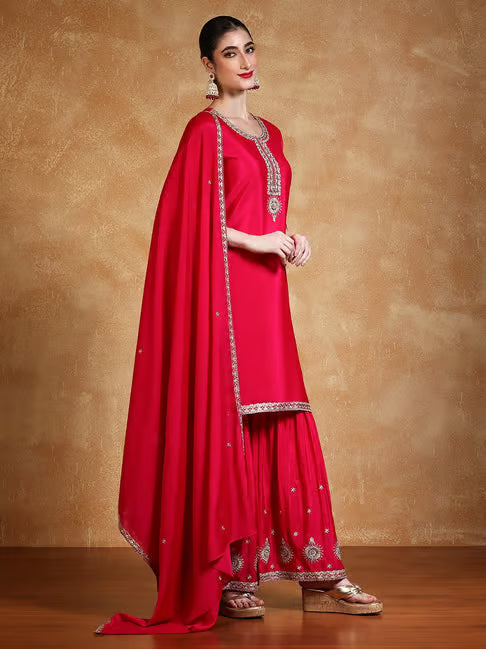 KF Women Zari Embroidered Yoke Kurta With Sharara And Dupatta